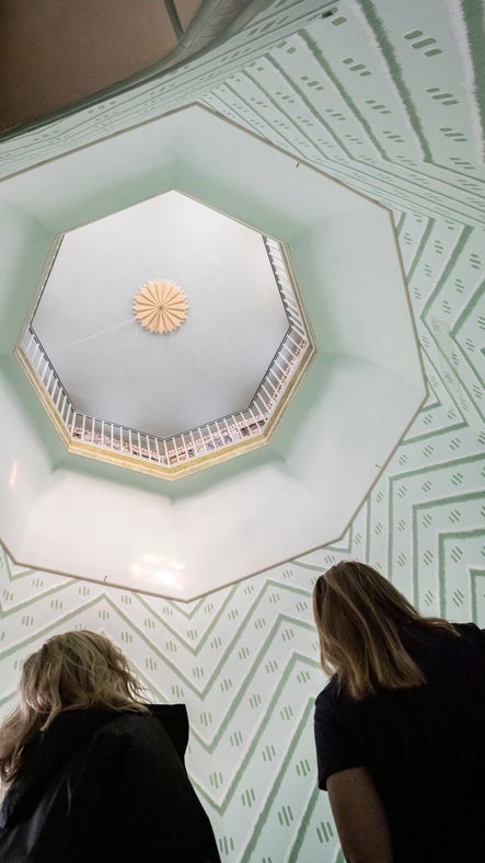 Admiring the view of the Shell Gallery from the Octagon